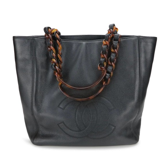 CHANEL Handbags - Chanel Vintage Tortoise And Leather Chain Handle Tote - Caviar Leather - CC Logo
